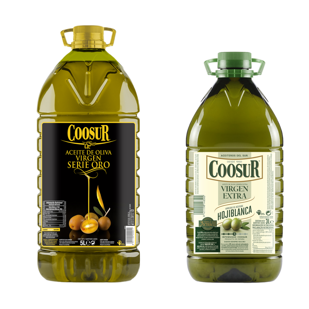 pack de garrafas de aceite de oliva virgen serie Oro 5L y de aceite de oliva virgen extra hojiblanca de 3 litros